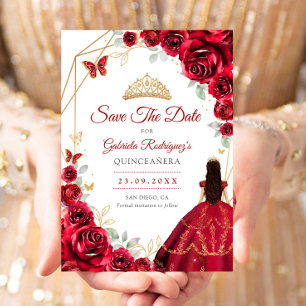 Quinceanera Rode Rozen Jurk Goud Save The Date