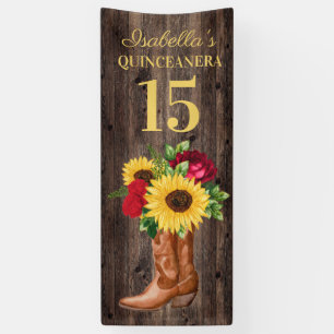 Quinceañera Rode rozen Zonnebloemen Cowboylaarzen Spandoek