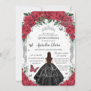Quinceañera Rood Bloemen Zwart Jurk  Zilver Kaart
