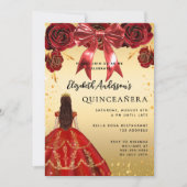 Quinceanera rood goud jurk boog bloemen kaart (Voorkant)