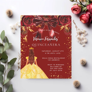 Quinceanera rood goud jurk boog bloemenuitnodiging