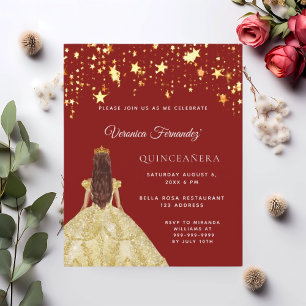 Quinceanera rood goud jurk sterren uitnodiging