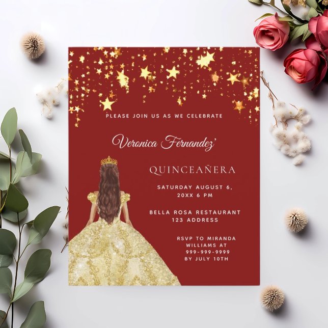 Quinceanera rood goud jurk sterren uitnodiging (Creator heeft geüpload)