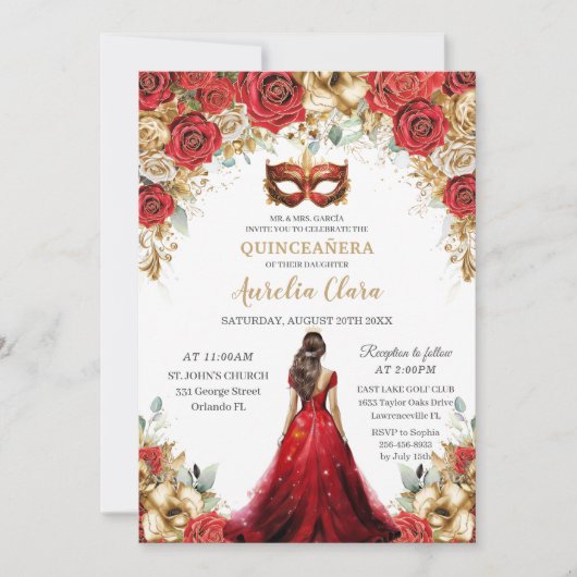 Quinceañera Rood Goud Rozen Bloemen Maskerade Ball Kaart (Voorkant)