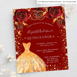 Quinceanera rood gouden glinsterjurk bloem budget flyer