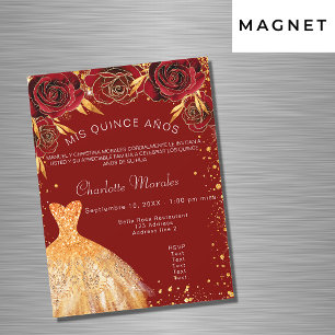 Quinceanera rood gouden jurk bloemen luxe magnetische uitnodiging