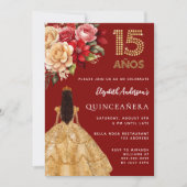 Quinceanera rood gouden jurk bloemen rozen kaart (Voorkant)
