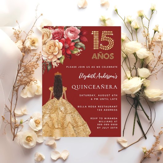 Quinceanera rood gouden jurk bloemen rozen kaart