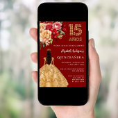 Quinceanera rood gouden jurk bloemen rozen kaart