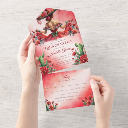 Quinceañera Rood Groen Mexicaanse Stijl RSVP All In One Uitnodiging (Afscheurbaar)
