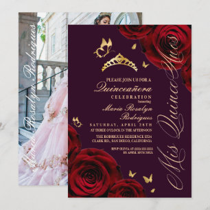 Quinceanera Rood Paars Gouden Tiara Kaart