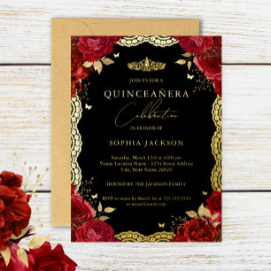 Quinceanera Rood Rose Gouden Kant Verjaardag  Folie Uitnodiging