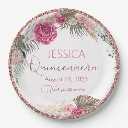 Quinceanera Roos Gold Glitter Floral Paper Bord (Voorkant)