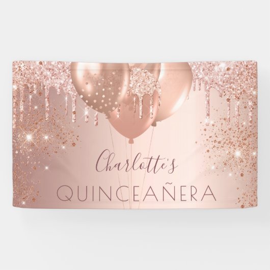 Quinceanera roos goudballonmonogram spandoek (Horizontaal)