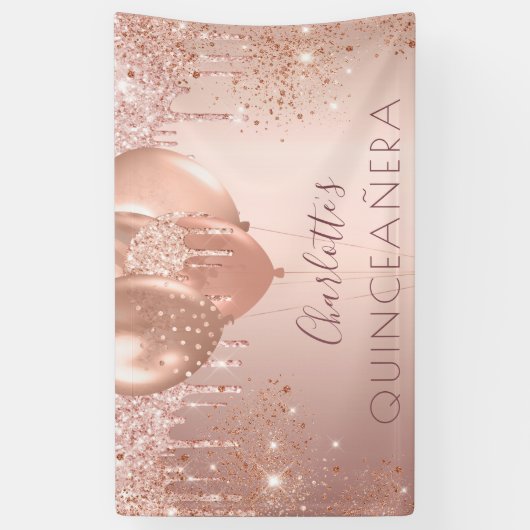 Quinceanera roos goudballonmonogram spandoek (Verticaal)