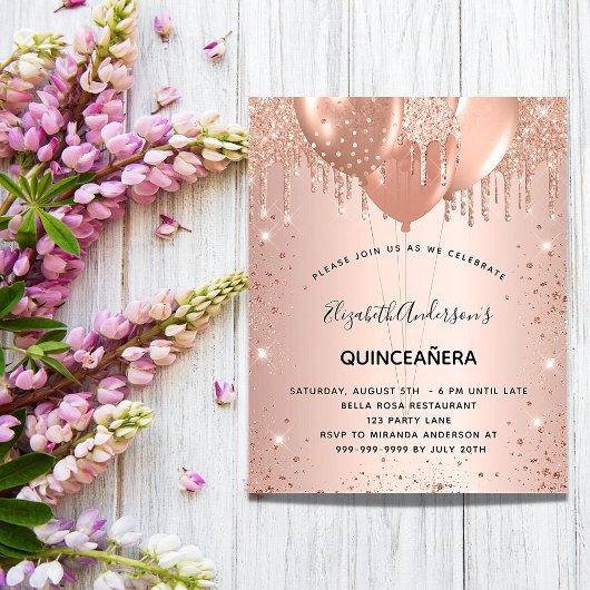 Quinceanera roos gouden ballonnen flyer