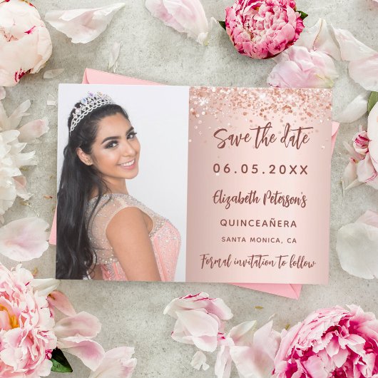 Quinceanera roos gouden fotoscript save the date