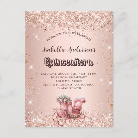 Quinceanera roos gouden koets uitnodiging briefkaart (Voorkant)