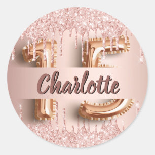 Quinceanera roos gouden naam ronde sticker
