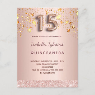 Quinceanera roos gouden sterren roze ballonschrift briefkaart
