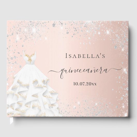 Quinceanera roos gouden witte jurk glitter gastenboek (Voorkant)