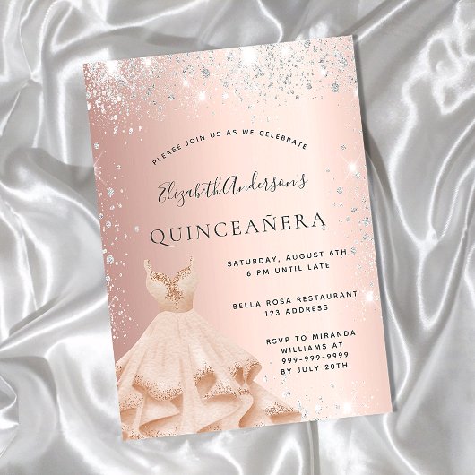 Quinceanera roos gouden zilveren jurk kaart