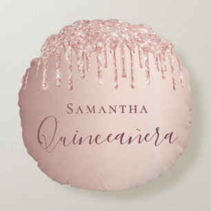 Quinceanera roos goudglitter druppelt monogram rond kussen