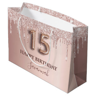 Quinceanera roos goudglitter roze ballonstijl groot cadeauzakje