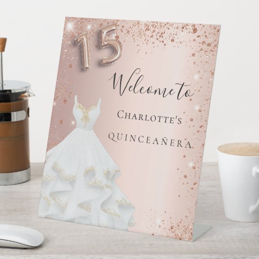 Quinceanera roos goudglitter welkom reclamebord met voetstuk (Insitu)