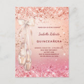 Quinceanera roos goudroze glitter ballerina uitnodiging briefkaart (Voorkant)