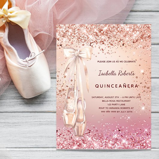 Quinceanera roos goudroze glitter ballerina uitnodiging briefkaart