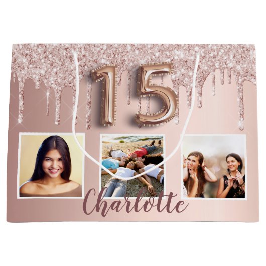 Quinceanera roos goudroze glitter fotomonogram groot cadeauzakje (Voorkant)