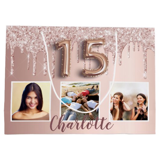 Quinceanera roos goudroze glitter fotomonogram groot cadeauzakje (Achterkant)