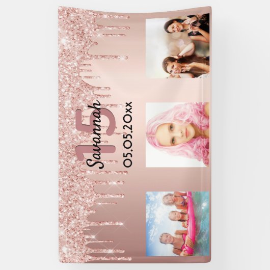Quinceanera roos goudroze glitter spandoek (Verticaal)