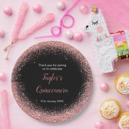 Quinceanera Roos Roze Faux Glitter Verjaardagsfees Papieren Bordje (Feest)