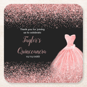 Quinceanera Roos Roze Faux Glitter Verjaardagsfees Vierkante Kartonnen Onderzetter