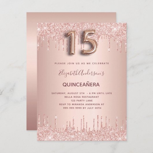Quinceanera rose en or blush invitation (Devant / Derrière)