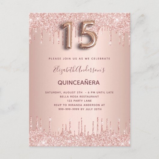 Quinceanera rose en or blush invitation (Devant)