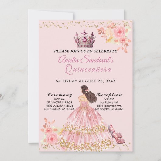 Quinceanera rose et or Invitation florale (Devant)