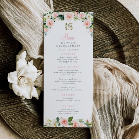 Quinceañera Rose Floral Menu Blush Rose Gold 15e