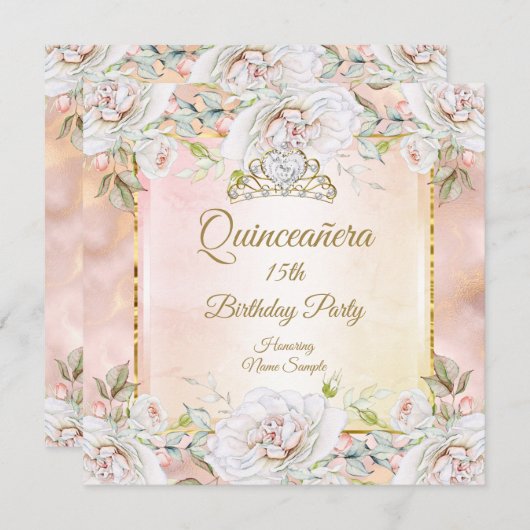 Quinceanera Rose Or rose Anniversaire Invitation d (Devant / Derrière)