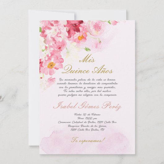 Quinceanera rose vif invitation en espagnol (Devant)