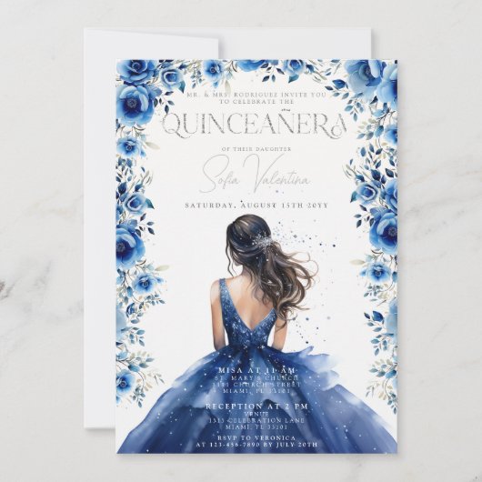 Quinceañera Royal bleu Floral Princesse Invitation (Devant)
