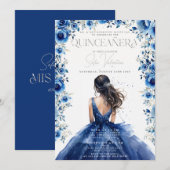 Quinceañera Royal bleu Floral Princesse Invitation (Devant / Derrière)