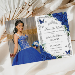 Quinceañera Royal Blue Bloemen Zilver Foto Save The Date