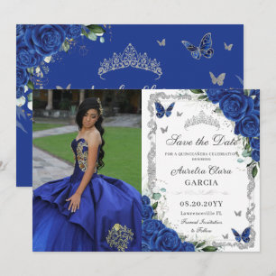 Quinceañera Royal Blue Bloemen Zilver Foto Save The Date