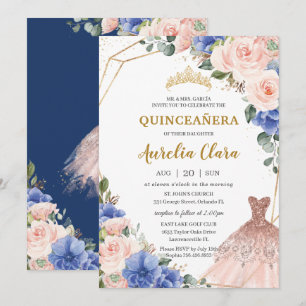 Quinceañera Royal Blue Blush Floral Ball Gown Kaart