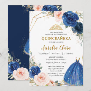 Quinceañera Royal Blue Blush Floral Roos Ball Gown Kaart