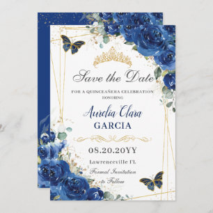 Quinceañera Royal Blue Floral Birthday Save The Date