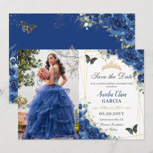 Quinceañera Royal Blue Floral Birthday Save The Date